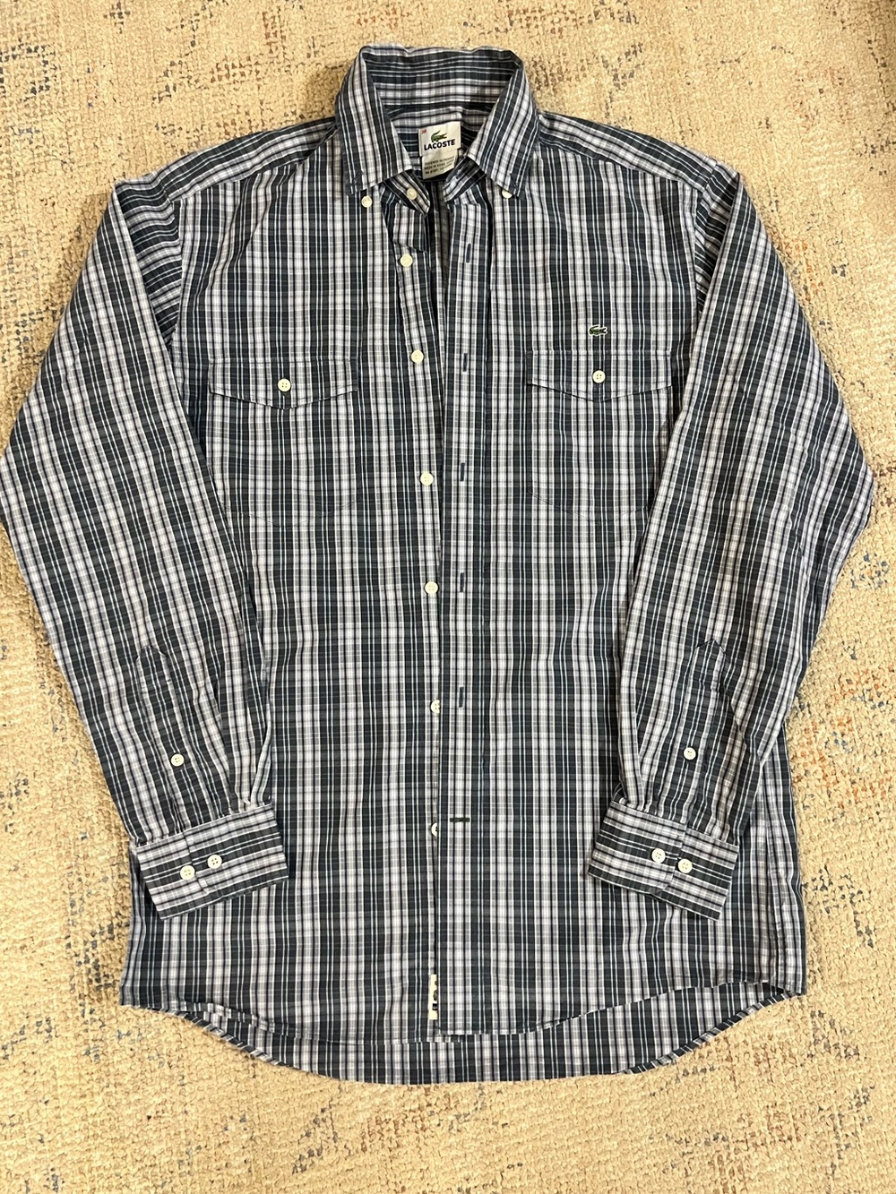 Lacoste Men’s Plaid Button Down Shirt Size 38 Gray Black White 100% Cotton
